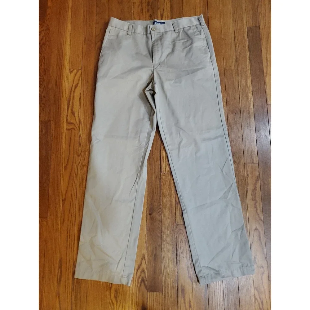 Izod Mens Tan Beige Khaki Chino Pants 34 X 34 Straight Fit Flat Front Cotton